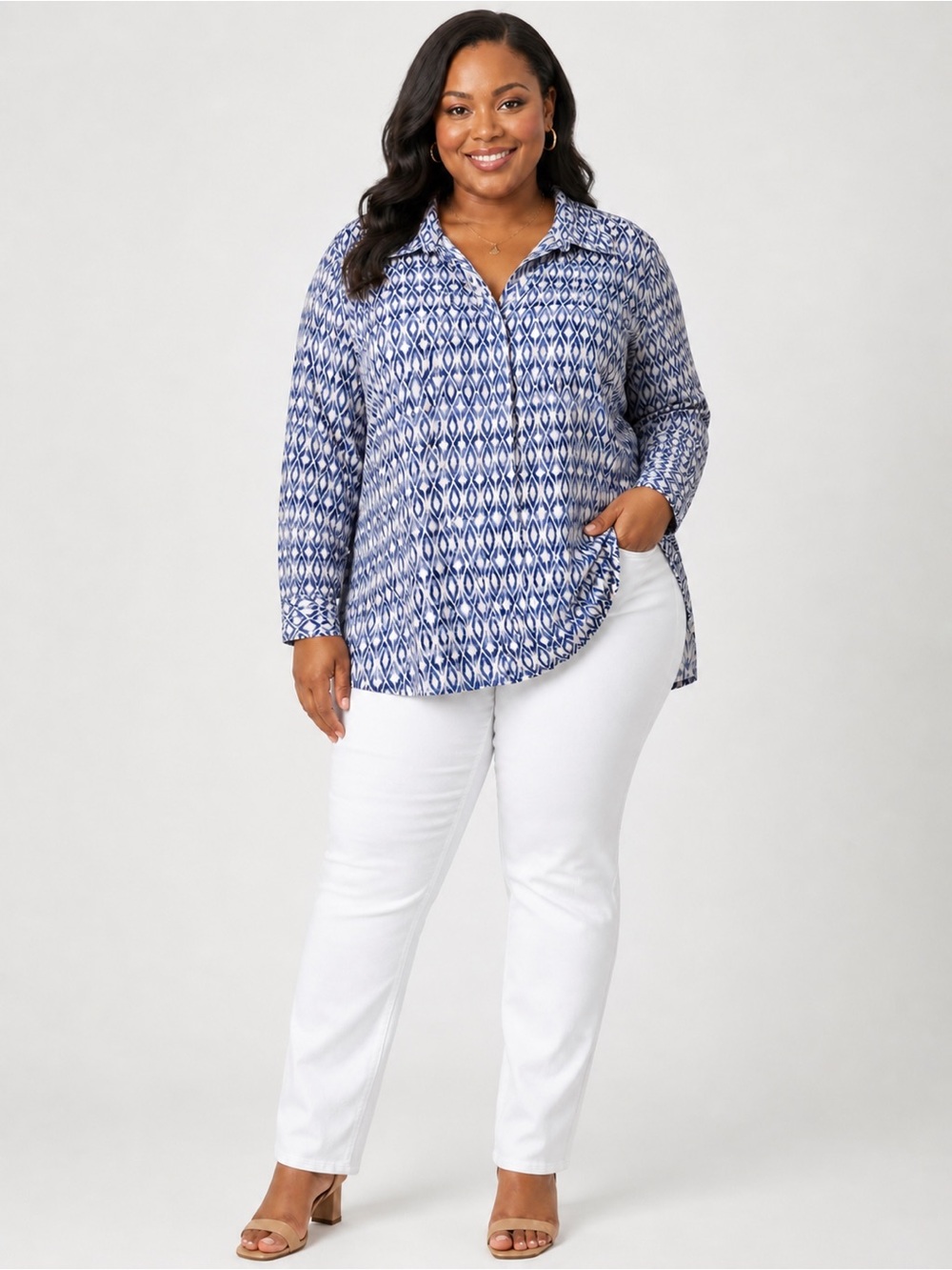 NWT John Mark Plus 2X Ikat Tunic Top Blue White Button Down Shirt Cuffed Sleeve